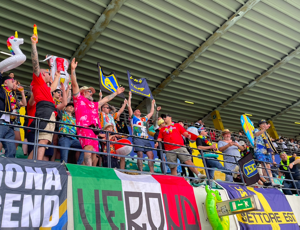 Hellas Verona fans in the Settore Est celebrate relegation